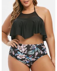 Rosegal Plus Size Flower Mesh Insert Tummy Control Bikini Swimsuit - Black