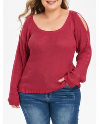 Rosegal Plus Size Cold Shoulder Raglan Sleeve Sweater - Red