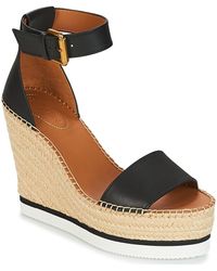 See By Chloé Glyn Leather Espadrille Mid Wedge Sandals - Black