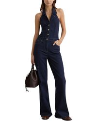 Reiss - Lolita Denim Halter Neck Flared Jumpsuit - Lyst