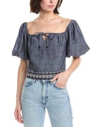 NVLT - Embroidered Balloon Sleeve Linen-Blend Top - Lyst