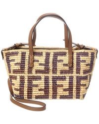 Fendi - Roll Mini Ff Raffia & Leather Tote - Lyst