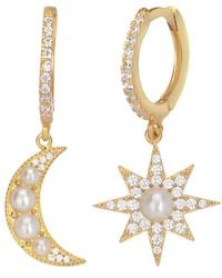 Gabi Rielle Love Is Declared 14k Over Silver Pearl Moon & Star Huggie Earrings - Metallic