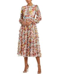 Mac Duggal - Mesh Long Sleeve Ruffle Criss Cross Midi Dress - Lyst