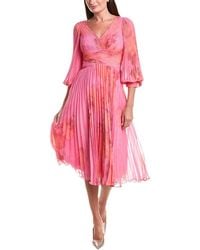 Teri Jon - Printed Chiffon Pleated Full Sleeve V-Neck Dress - Lyst