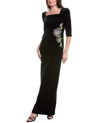 Teri Jon - Velvet Elbow Sleeve Floral Applique Gown - Lyst