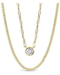 Sterling Forever - Cz Delicate 2 Layer Chain Bezel Charm Necklace - Lyst