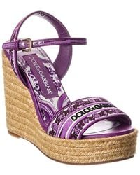 Dolce & Gabbana - Majolica Canvas & Leather Wedge Sandal - Lyst