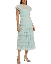 Mac Duggal - Mesh Micro Ruffle High Neck Cap Sleeve Midi Dress - Lyst