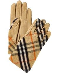 Burberry - Check Wool & Leather Gloves - Lyst