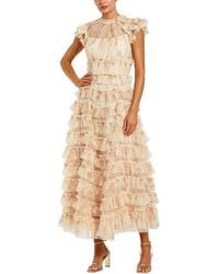 Mac Duggal - Printed Mesh Short Sleeve Micro Ruffle Midi Dress - Lyst