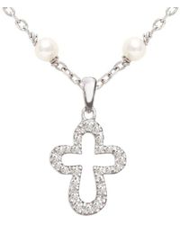 Jane Basch - Silver 0.12 Ct. Tw. Diamond 2mm Pearl Cross Necklace - Lyst