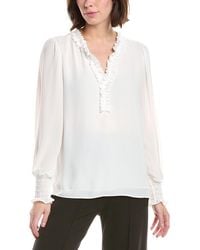 Tahari - Split Neck Ruffle Trim Blouse - Lyst