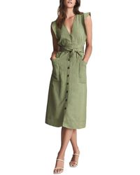 Reiss Emma Plunge Frill Shoulder Linen-blend Dress - Green