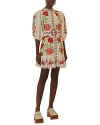 FARM Rio - Linen-Blend Embroidered Carmina Floral Mini Dress - Lyst
