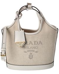 Prada - Logo Canvas & Leather Tote - Lyst