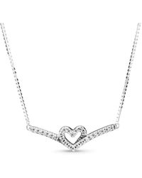 PANDORA - Timeless Silver Cz Heart & Wishbone Necklace - Lyst