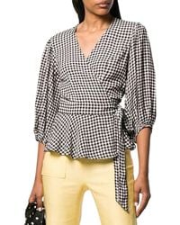 Ganni 3/4-sleeve Wrap Gingham Print Shirt - Black