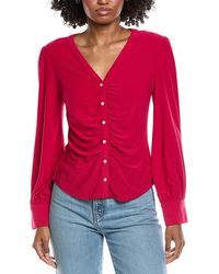 Cece - V-Neck Button Down Shirred Blouse - Lyst