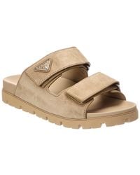Prada - Triangle Logo Suede & Leather Sandal - Lyst