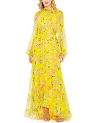 Mac Duggal - Floral Print Chiffon Ruched Raglan Sleeve Gown - Lyst
