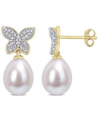 Rina Limor - 10k 0.14 Ct. Tw. Diamond 8.5-9mm Pearl Butterfly Drop Earrings - Lyst