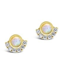 Sterling Forever - 14k Over Silver Cz Half Halo Opal Studs - Lyst