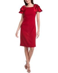 Teri Jon - Crepe Boatneck Satin Ruffle Shoulder Dress - Lyst