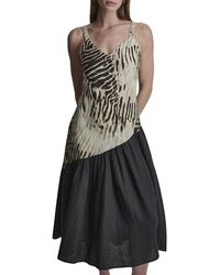 DKNY - V-Neck Printed Panel Linen Dress - Lyst