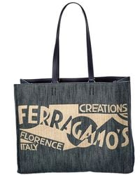 Ferragamo - Ferragamo Logo Large Denim & Leather Tote - Lyst