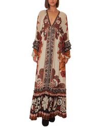 FARM Rio Long-sleeve V-neck Jacquard Maxi Dress in Red | Lyst UK