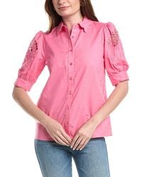 Tahari - Embroidered Sleeve Linen-Blend Blouse - Lyst