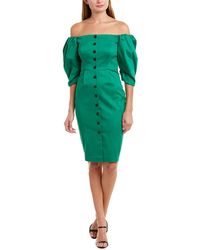 Vince Camuto Puff Sleeve Off-the-shoulder Button Front Midi Sheath Dress - Green