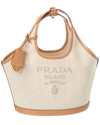 Prada - Medium Linen & Leather Tote - Lyst