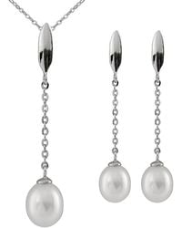 Splendid - Rhodium Plated 7-9mm Pearl & Cz Necklace & Earrings Set - Lyst