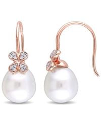Pearls - 14k Rose Gold 0.12 Ct. Tw. Diamond 11.5-12mm Pearl Petal Earrings - Lyst
