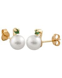 Splendid - Splendid Freshwater Pearls 14k 0.10 Ct. Tw. Emerald & 7-7.5mm Freshwater Pearl Studs - Lyst