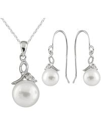 Splendid - Rhodium Plated 7-7.5mm Pearl & Cz Necklace & Earrings Set - Lyst