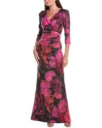 Teri Jon - Floral Stretch Mikado Ruched 3/4-Sleeve Gown - Lyst
