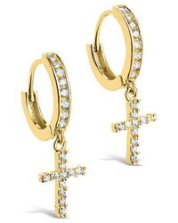 Sterling Forever 14k Over Silver Cz Cross Micro Hoops - Metallic