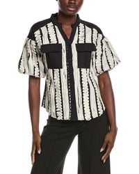 Gracia - Embroidered Band V-Neck Puffed Sleeve Top - Lyst