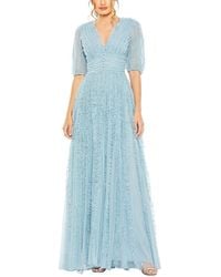 Mac Duggal - V Neck Puff Sleeve Ruffle Tiered Mesh A Line Gown - Lyst