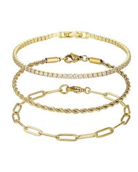 Adornia - 18K Plated Stainless Steel Crystal Paperclip, Rope, & Tennis Bracelet Set - Lyst