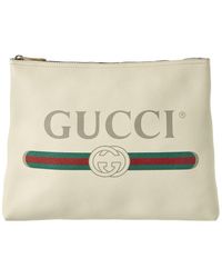 Gucci Logo Printed Medium Leather Pouch - Natural
