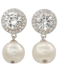 Suzy Levian - Silver 0.02 Ct. Tw. Diamond & Created White Sapphire & 8mm Pearl Halo Dangle Earring - Lyst