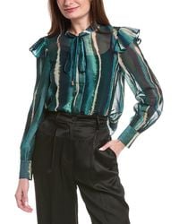Gracia - Tie Neck Frilled Sheer Print Blouse - Lyst