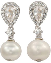 Suzy Levian - Silver Created White Sapphire & 8mm Pearl Halo Dangle Earring - Lyst