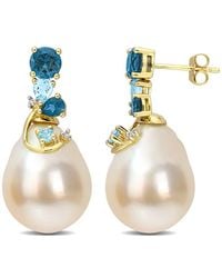 Rina Limor - Contemporary Pearls 14k 1.98 Ct. Tw. Diamond & Topaz 9-10mm Pearl Drop Earrings - Lyst