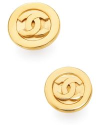 Chanel Vintage Double C Logo Round Earrings - Metallic