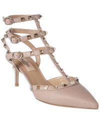 Valentino Rockstud Caged 65 Leather Ankle Strap Pump - Natural
